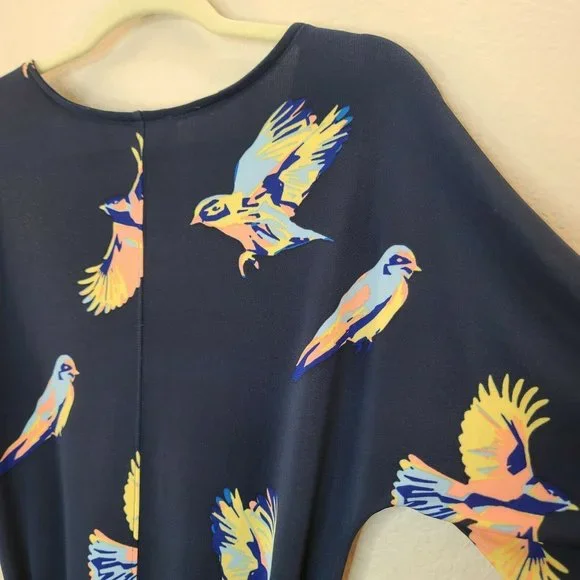 Deletta Top Women XS Petite Navy Bird Novelty Print Knit Dolman Sleeve Tie Waist - Picture 9 of 12